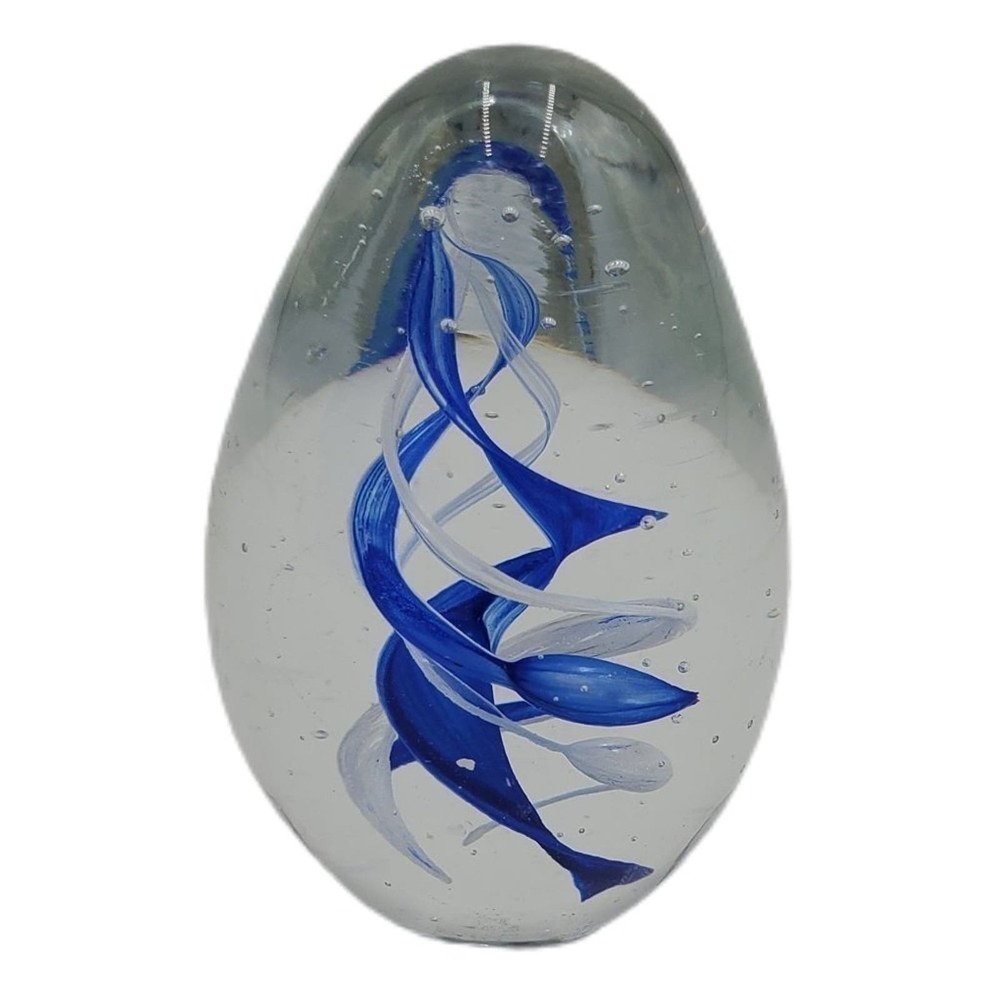 Blue & White Swirl Blown‎ Glass Paperweight Egg Shape Art Glass K's Collection